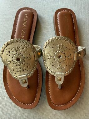 Jack Rogers Gold Leather Round Medallion Thong Sandals